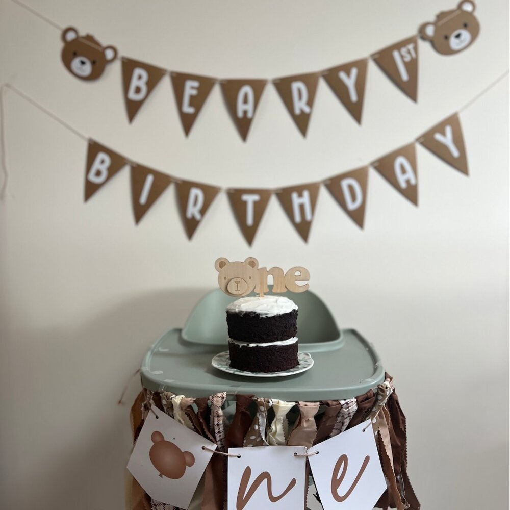 Beary 1st Birthday party decorations for baby first birthday - banner, bear, hat